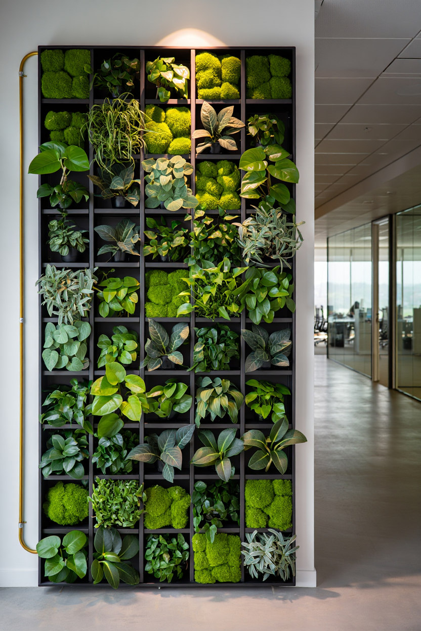 Modern ofis koridorunda ızgara tasarımlı geometrik bitki paneli