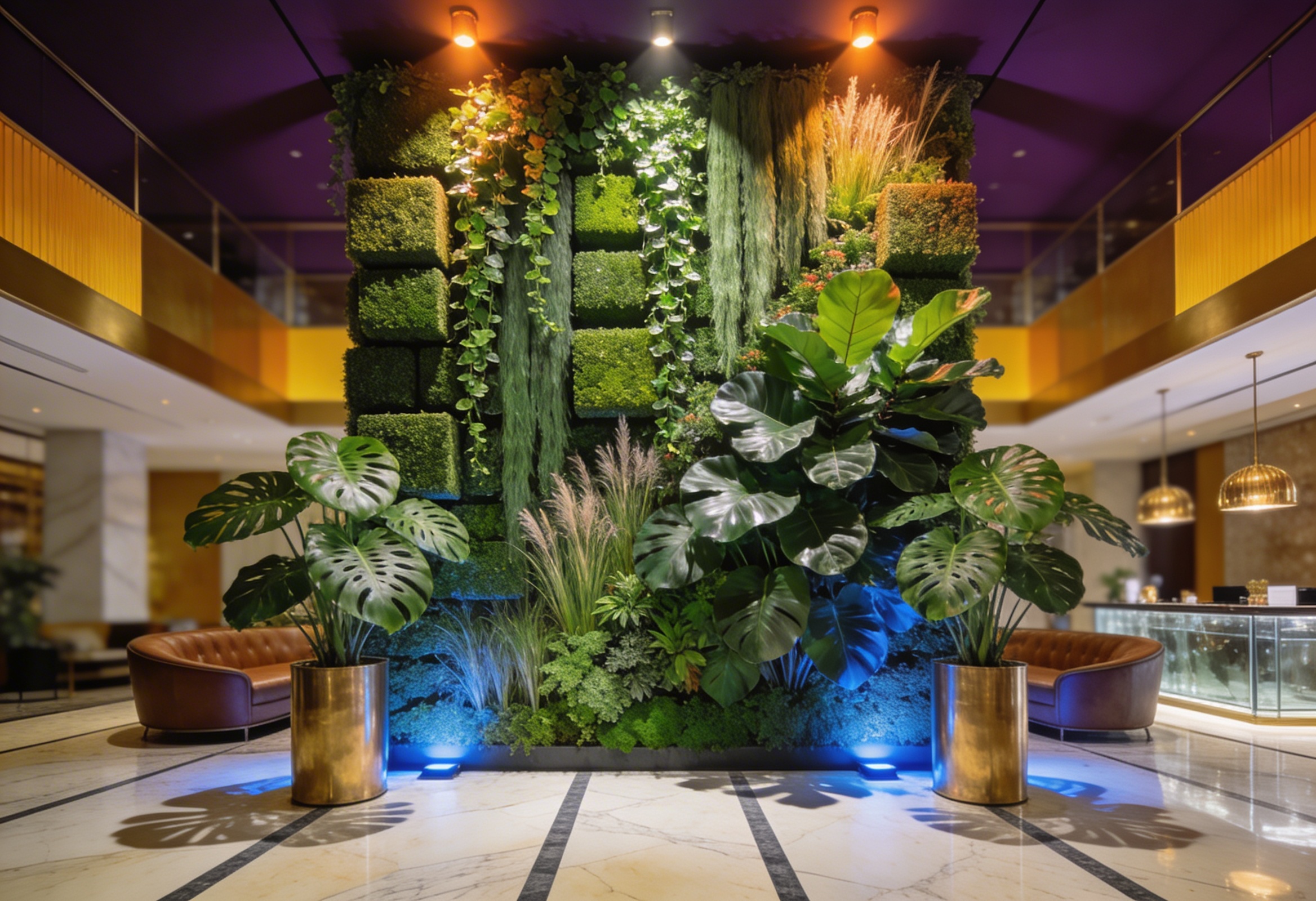 Otel lobisinde dev tropik bitkilerle kaplı görkemli yaşayan duvar