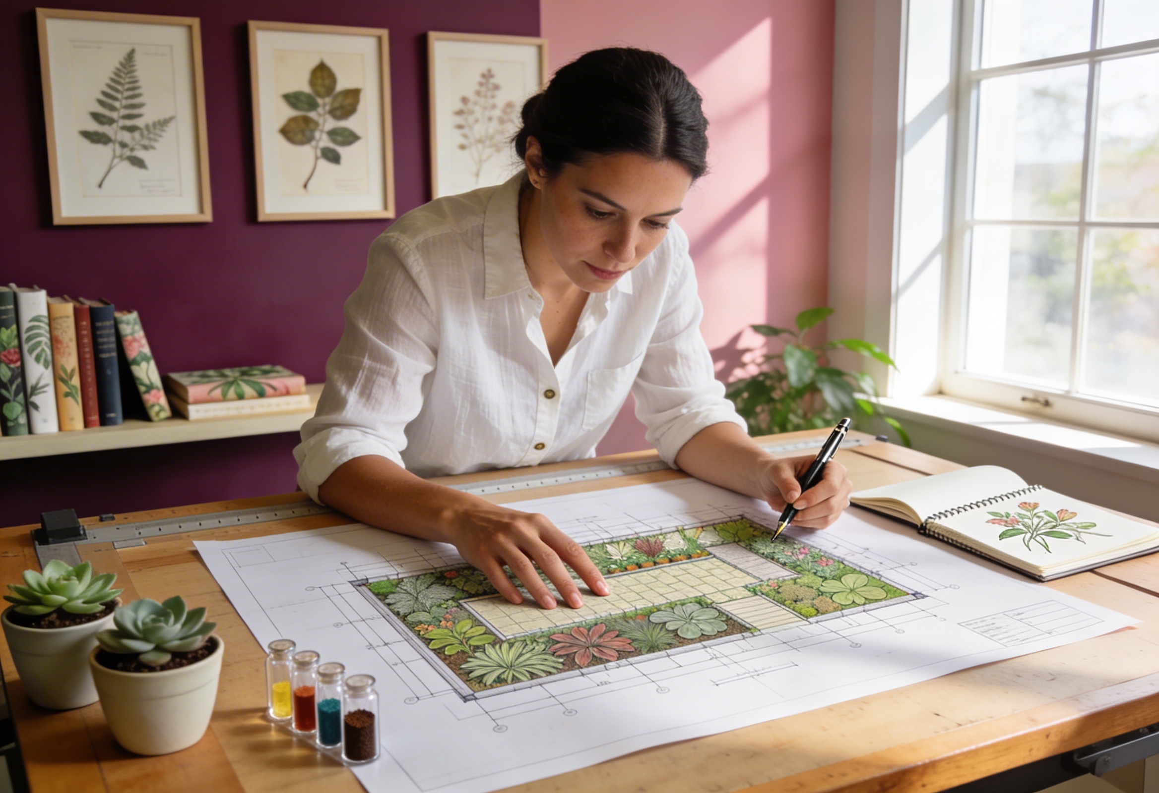 Botanik tasarımcı çalışma masasında dikey bahçe planları üzerinde çalışıyor